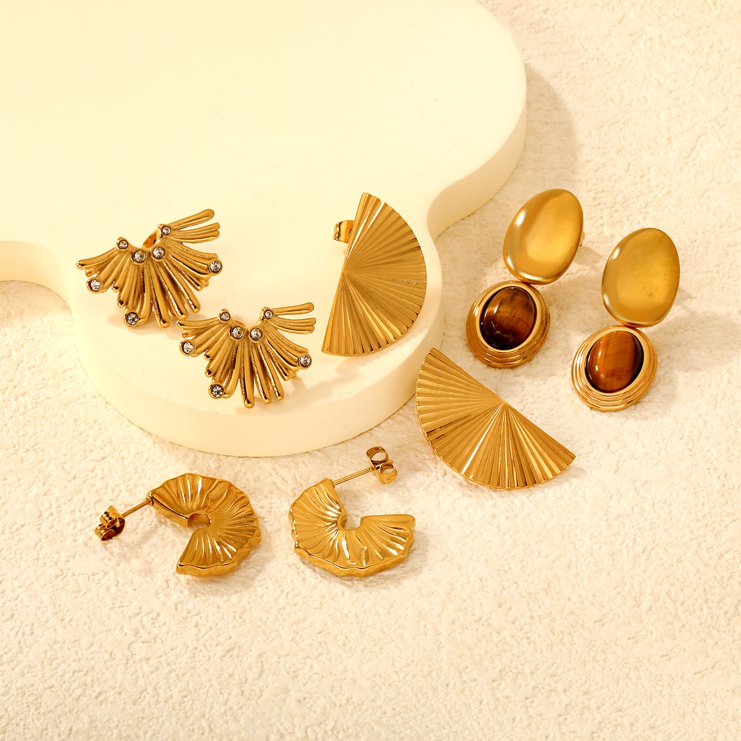 Wholesale Waterproof PVD Gold Double-Layer Tiger Eye Studs