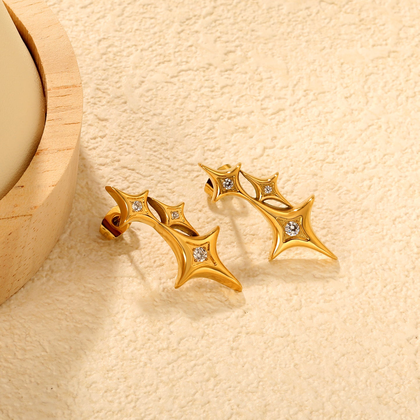 Celestial Star Motif CZ Stud Earrings Stainless Steel Waterproof