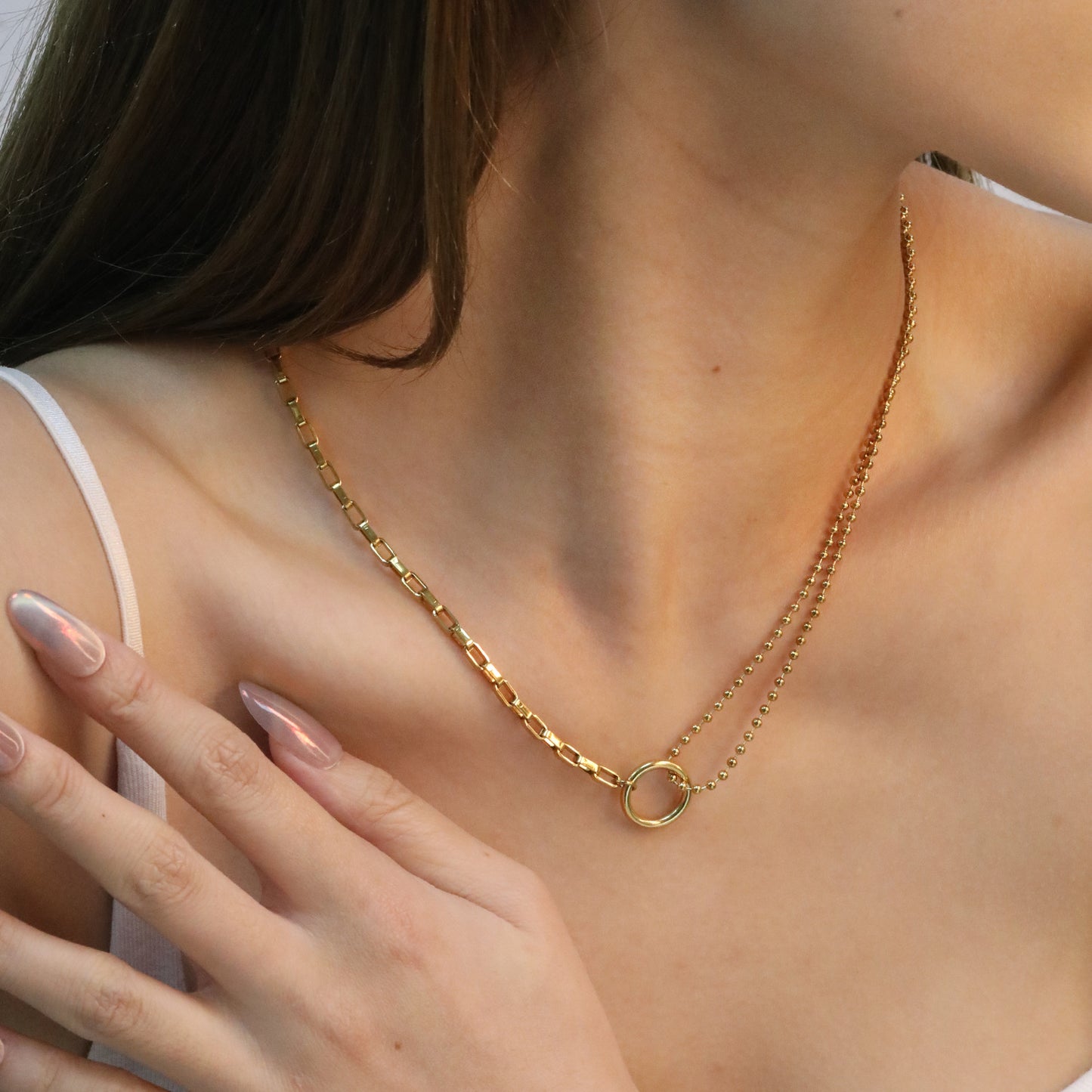 Minimalist Layered Rectangular & Bead Chain Necklace Stainless Steel