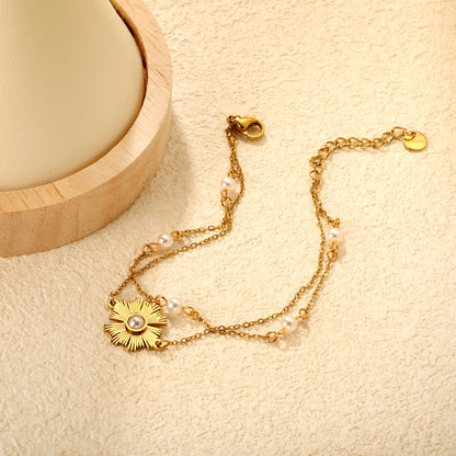 Bulk PVD Gold Double Layer Sunflower Pearl Inlay Bracelet