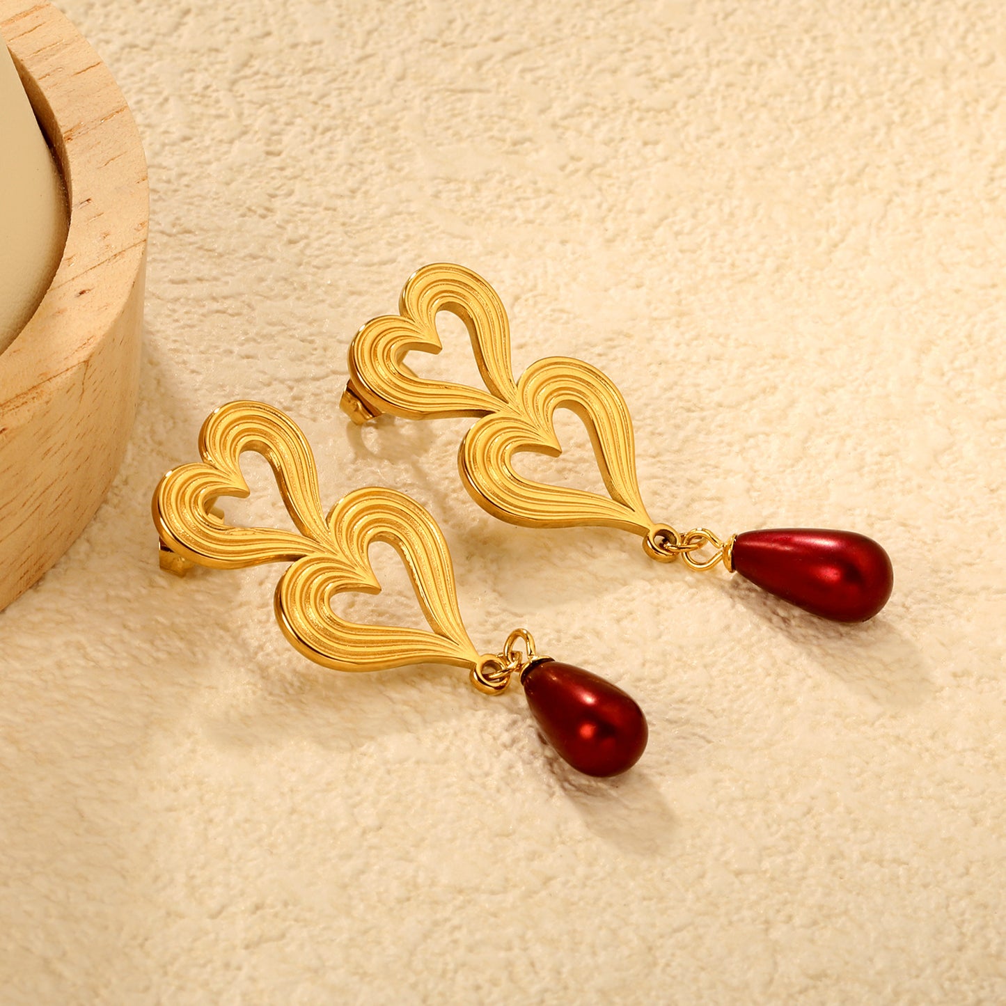 Bulk Stainless Steel Pearl Earrings | Red Drop Heart Studs