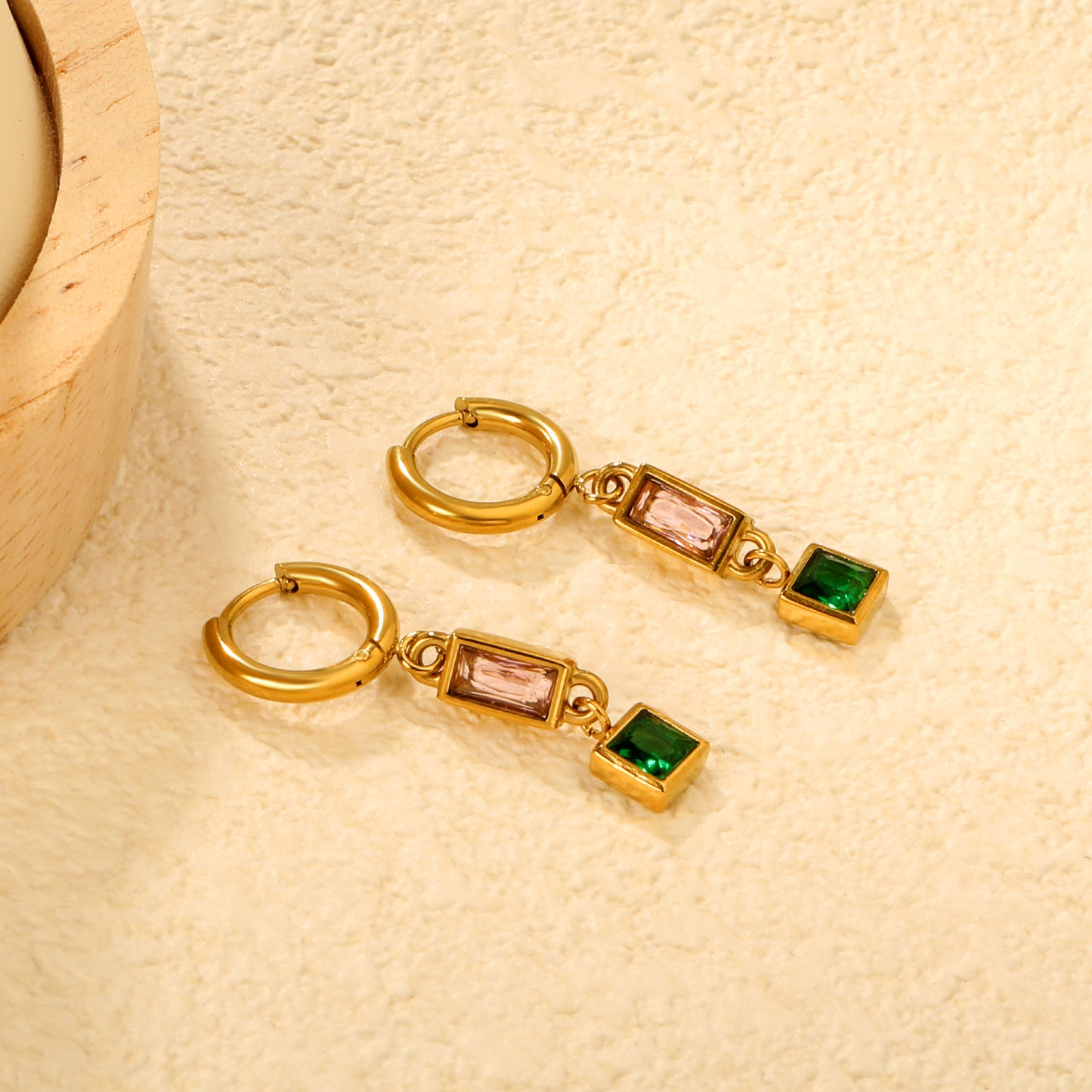 Stainless Steel Earrings | Pink & Green Zircon Square Hoops