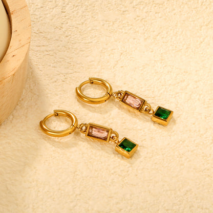 Stainless Steel Earrings | Pink & Green Zircon Square Hoops