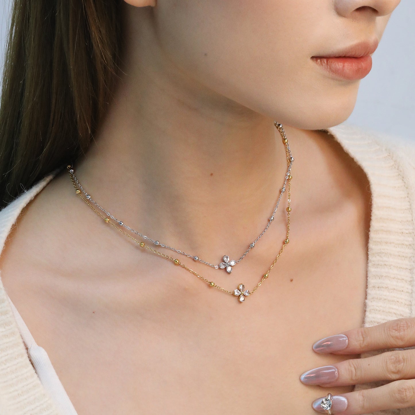 Wholesale 304L Stainless Steel Necklace Clover Pear Zircon Jewelry
