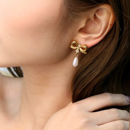 Bulk PVD Gold Sculpted Bowknot & Shell Pearl Drop Studs