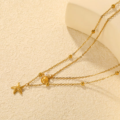 Wholesale Waterproof PVD Gold Pre-Layered Starfish & Disk Necklace