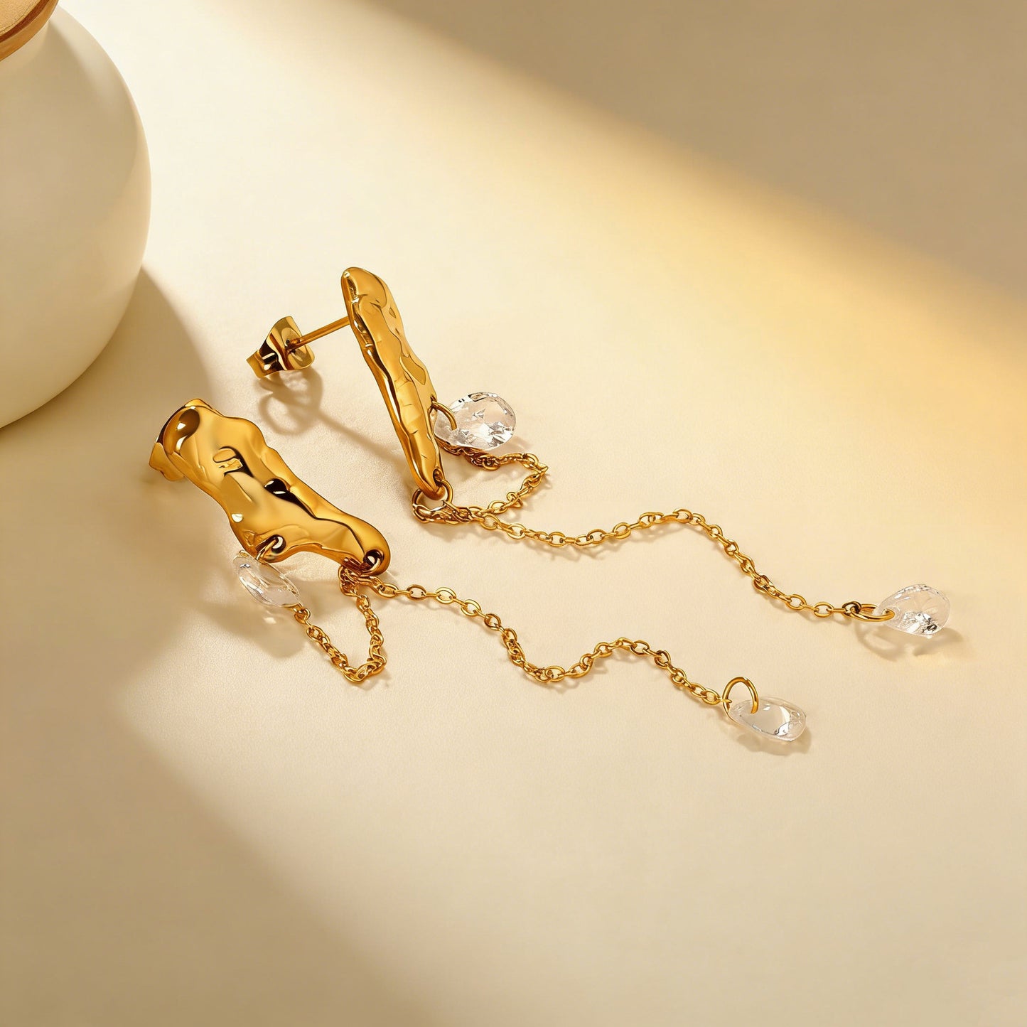 Stainless Steel Earrings | Hammered Zircon Tassel Dangle