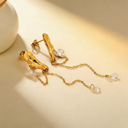 Stainless Steel Earrings | Hammered Zircon Tassel Dangle