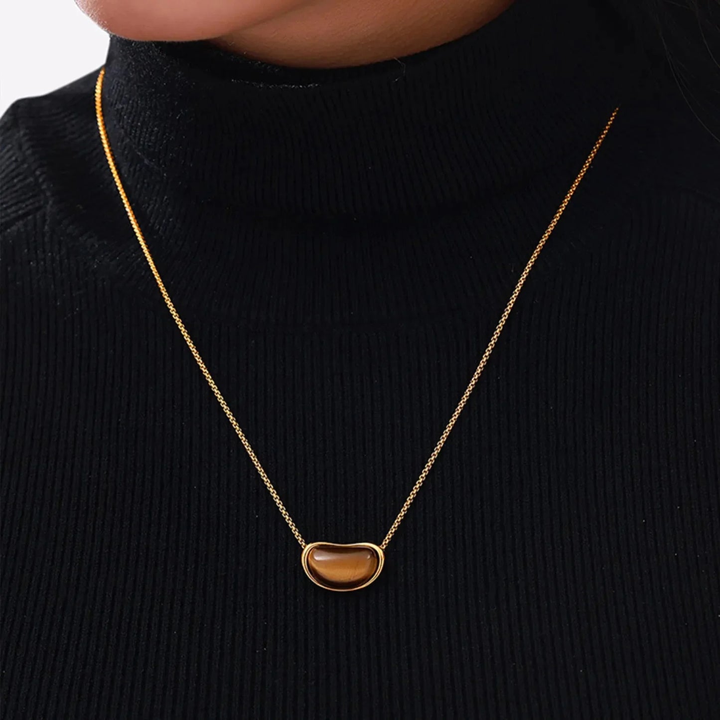 Wholesale Waterproof PVD Gold Tiger Eye Bean Long Necklace