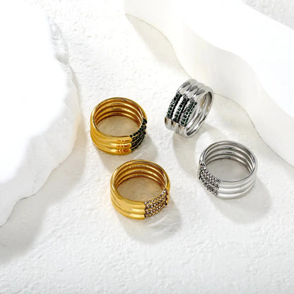 Wholesale Waterproof PVD Gold Multi-Layer Intertwined Green Zircon Ring