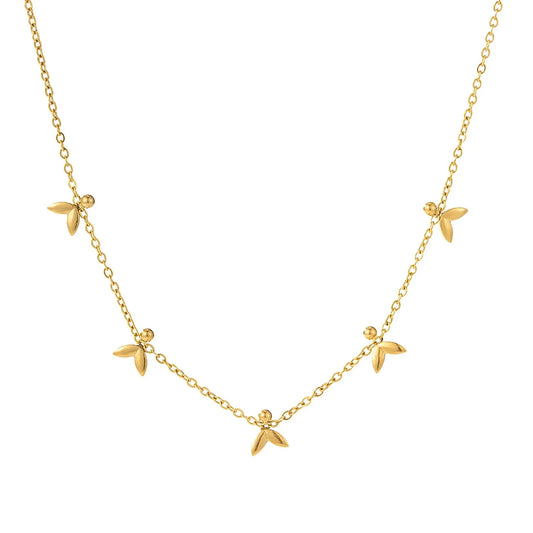 Wholesale Waterproof PVD Gold Sculpted Leaf & Bead Station Necklace