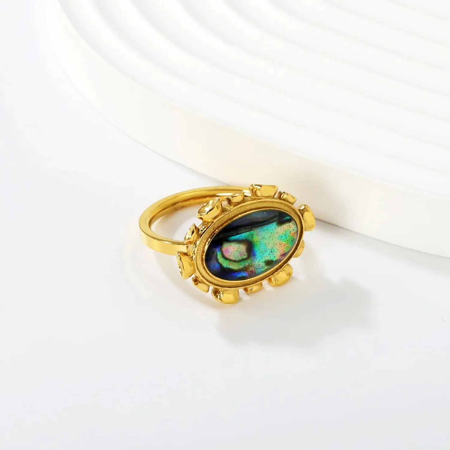 Wholesale Waterproof PVD Gold Sculpted Beaded Abalone Shell Oval Ring