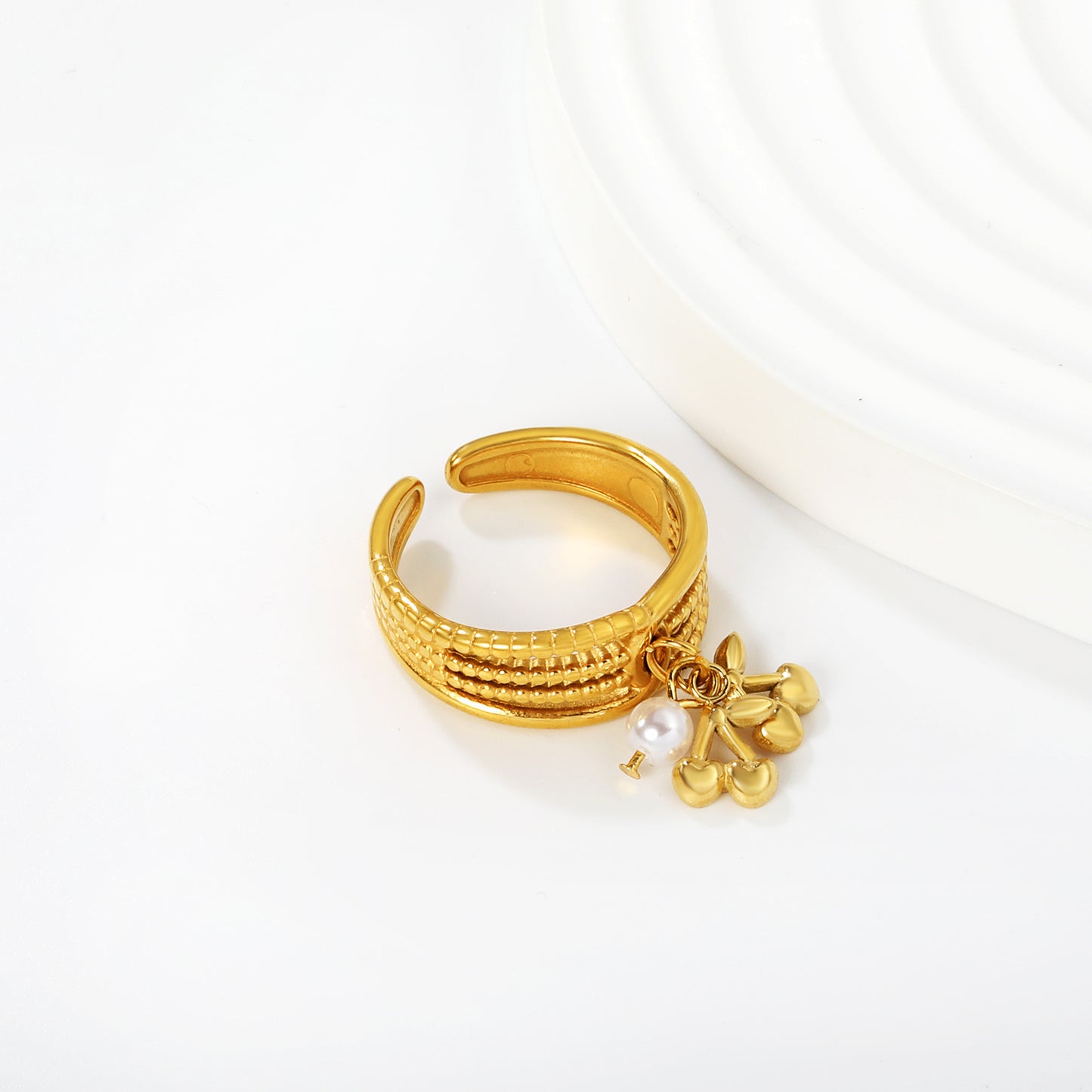 Bulk PVD Gold Bold Statement Pearl & Cherry Dangle Open Ring