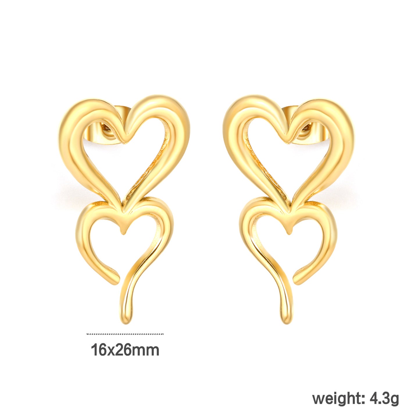 Wholesale Waterproof PVD Gold Sculpted Double Heart Hollow Drops