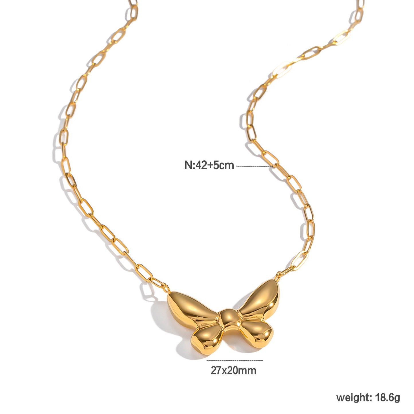Wholesale Waterproof PVD Gold Sculpted Butterfly Paperclip Necklace