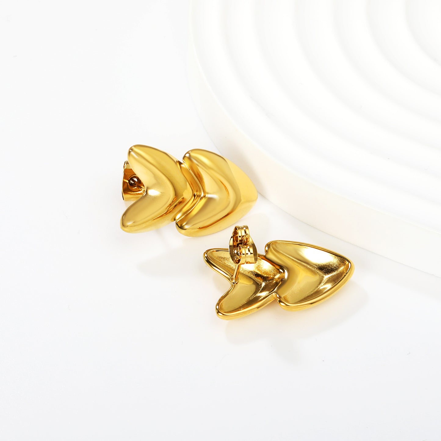 Wholesale Waterproof PVD Gold Double Layer Heart Stud Earrings