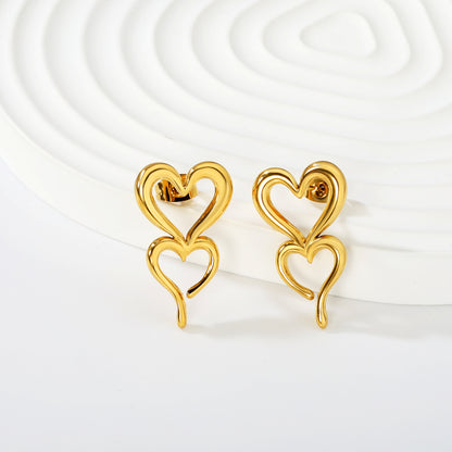 Wholesale Waterproof PVD Gold Sculpted Double Heart Hollow Drops