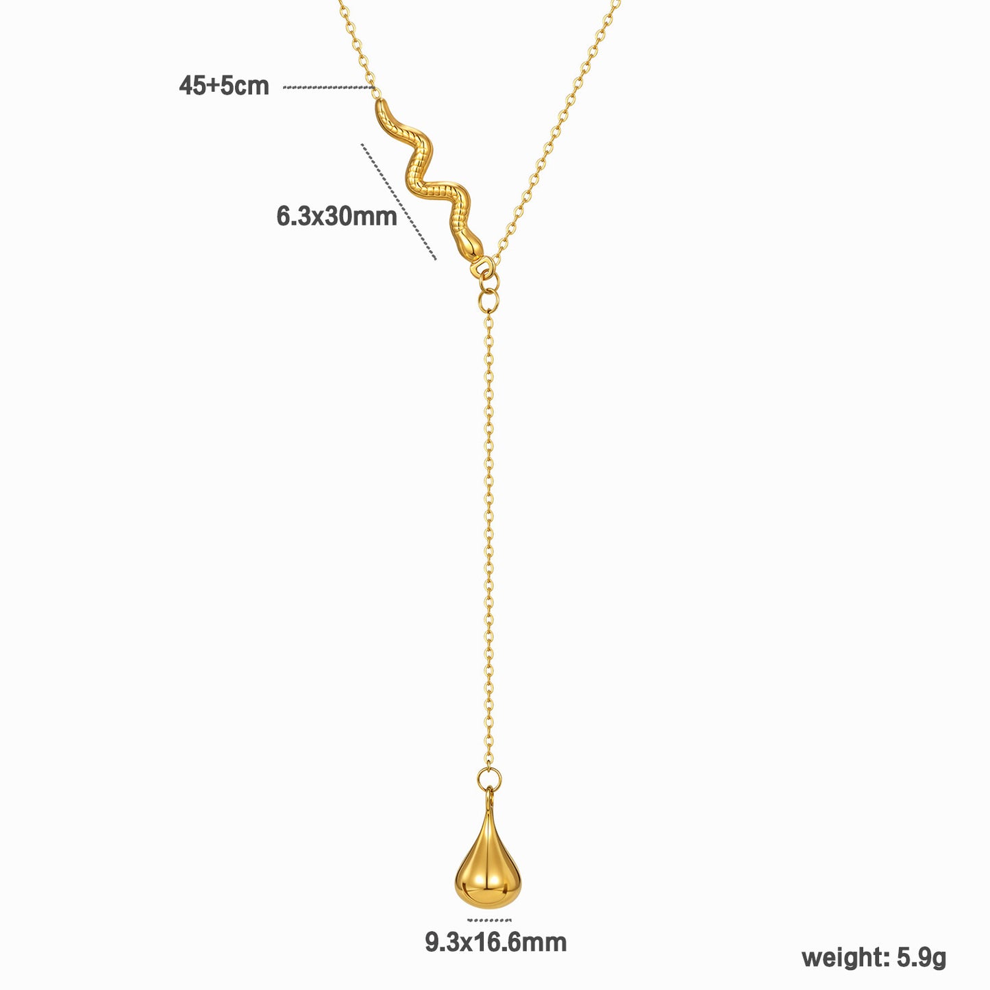 Wholesale Waterproof PVD Gold Sculpted Snake & Drop Y-Necklace