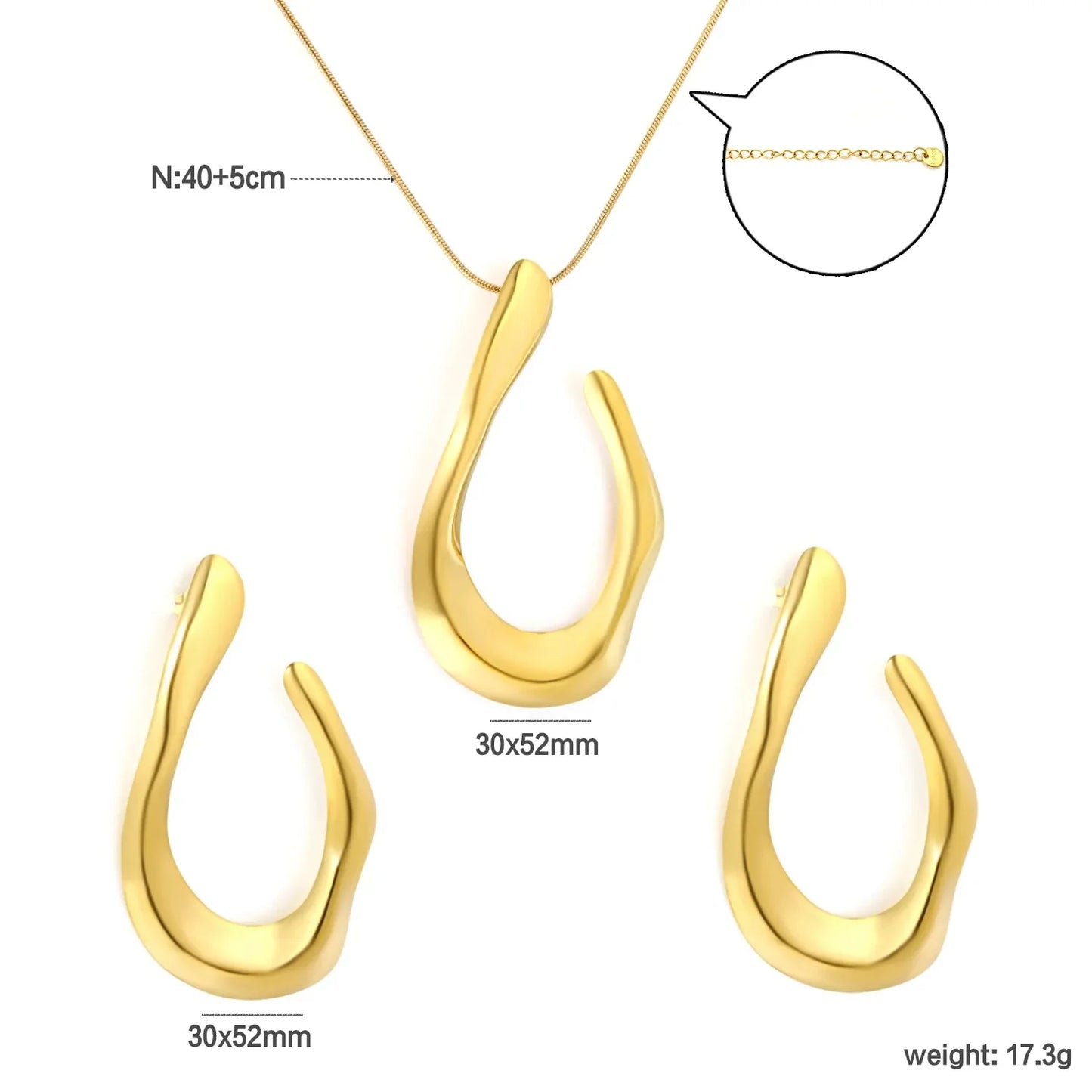 Minimalist Statement Jewelry Set 304L Steel Gold Irregular Teardrop Pendant & Earrings