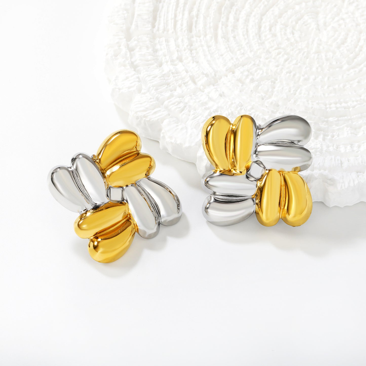 Bulk PVD Gold & Silver Two-Tone Sculpted 4-Petal Flower Studs