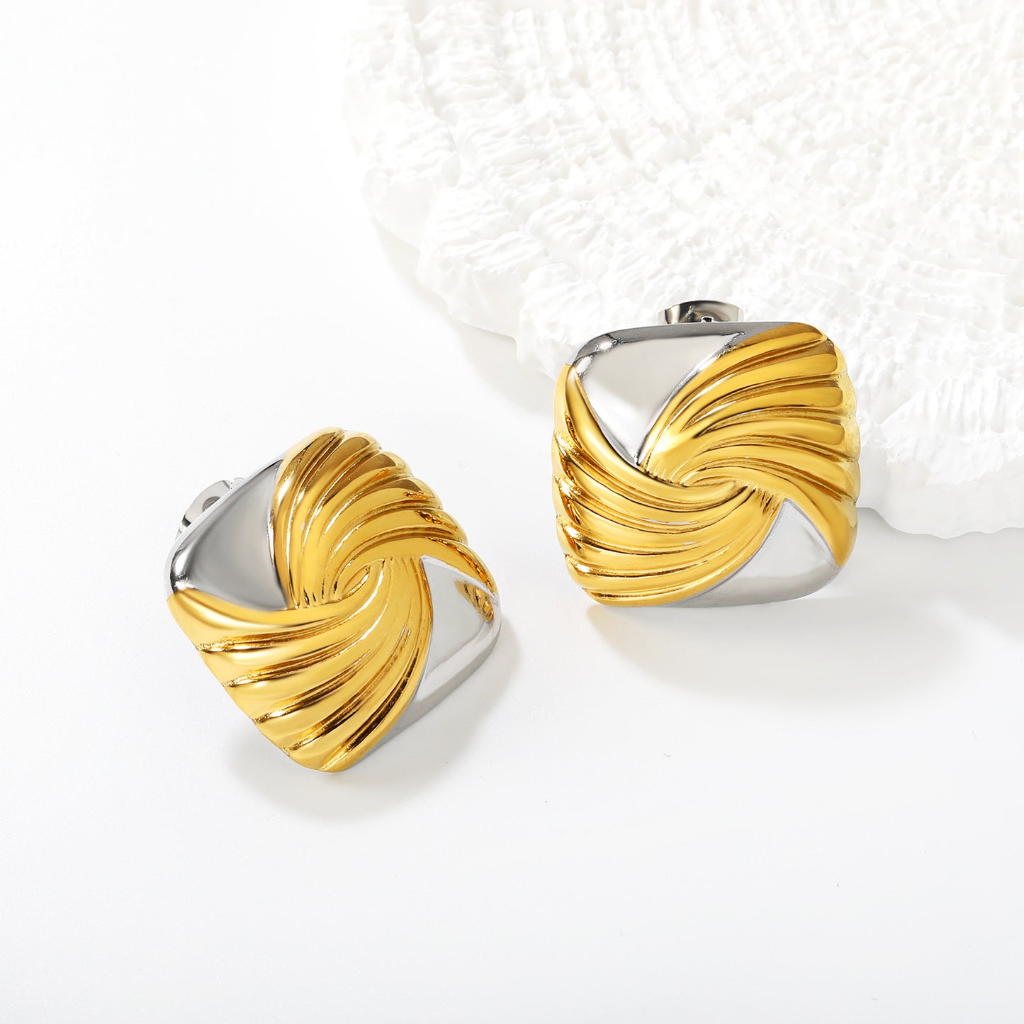 Bulk Two-Tone Sculpted Twisted Texture Square Statement Earrings