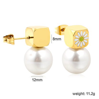 Wholesale Stainless Steel Square with White Drip Oil Daisy + Pearl Earrings Fresh Design
