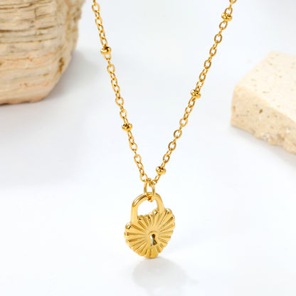 Stainless Steel Gold Heart Lock Pendant + Crescent-Shaped Tag Necklace Jewelry Supplier