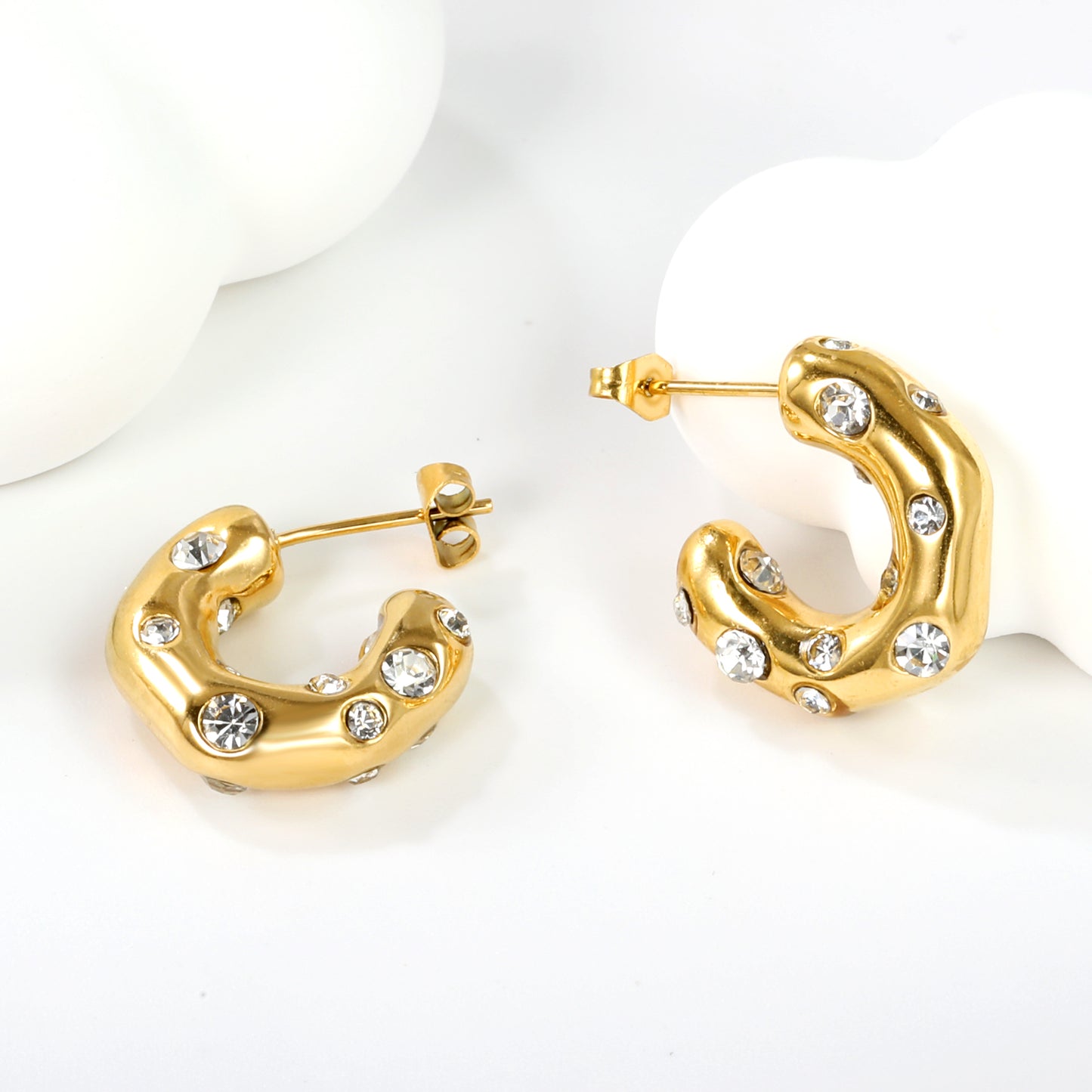 Wholesale C - Shaped Gold Earrings with Diamond Accents for Fashion Distributors