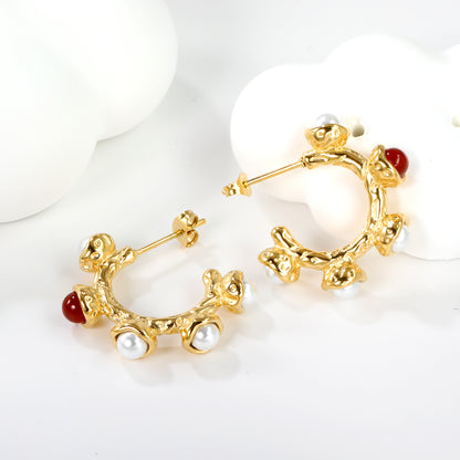 Wholesale Gold Hoop Earrings with Pearl and Red Gem Accents for Jewelry Suppliers