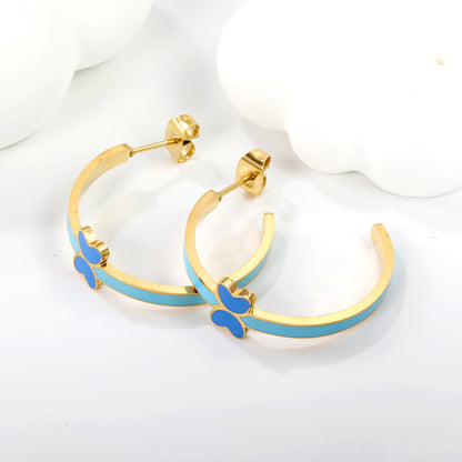 Wholesale Stainless Steel C-Shape Butterfly Earrings with Blue Drip Oil