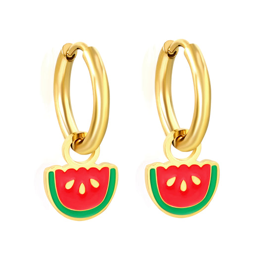 Wholesale Gold Hoop Earrings with Red Watermelon Charm