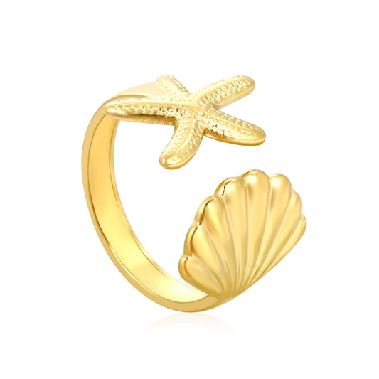 Bulk 18K Gold Plated Marine Starfish & Shell Open Ring