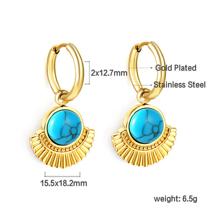 Wholesale 18K Gold Sun Ray Pattern Turquoise Hoop Earrings