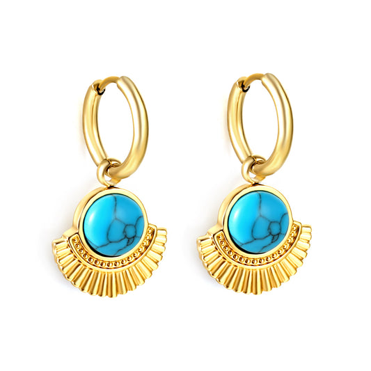Wholesale 18K Gold Sun Ray Pattern Turquoise Hoop Earrings