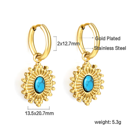 Wholesale 18K Gold Ornate Pattern Turquoise Hoop Earrings