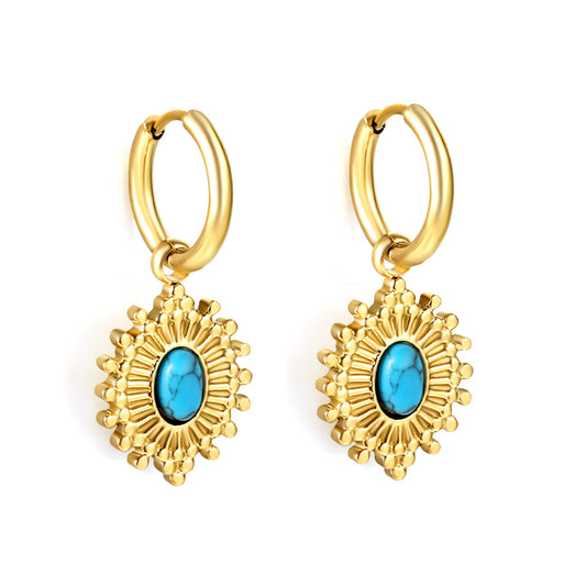 Wholesale 18K Gold Ornate Pattern Turquoise Hoop Earrings