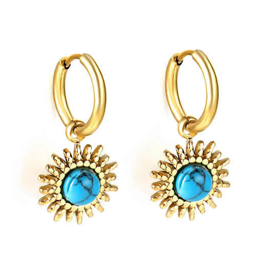 Wholesale 18K Gold Blue Turquoise Sun Hoop Earrings