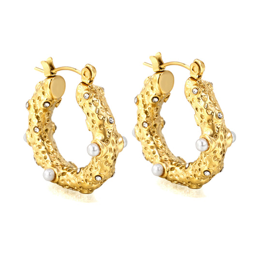 Wholesale Textured Gold Hoop Earrings Embellished with Diamonds for Fashion Distributors