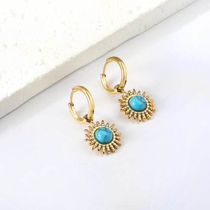 Wholesale 18K Gold Blue Turquoise Sun Hoop Earrings