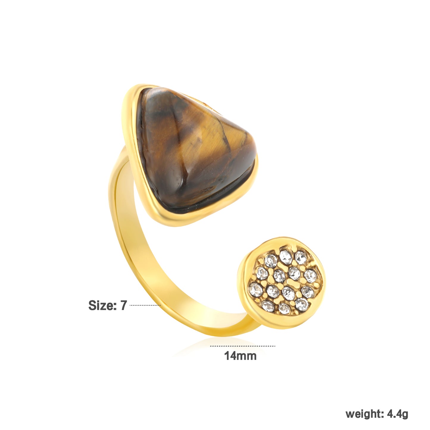 Wholesale Waterproof PVD Tiger Eye Stone & Pave CZ Open Ring