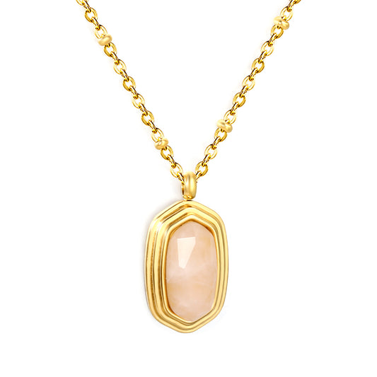 Bulk Waterproof PVD Gold Plated Oval Pink Stone Bezel Necklace