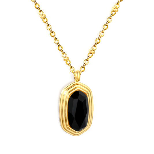 Wholesale Waterproof PVD Oval Black Stone Layered Bezel Necklace