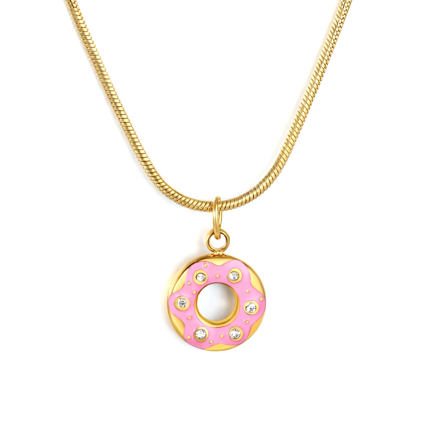Wholesale Waterproof PVD Pink Enamel Donut Necklace with CZ