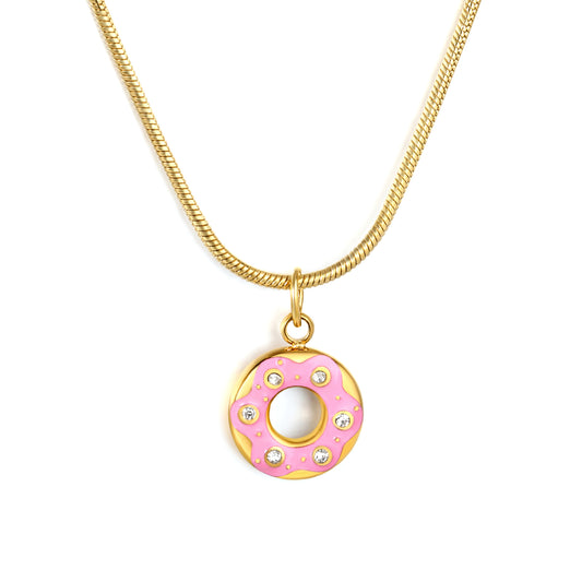 Wholesale Waterproof PVD Pink Enamel Donut Necklace with CZ