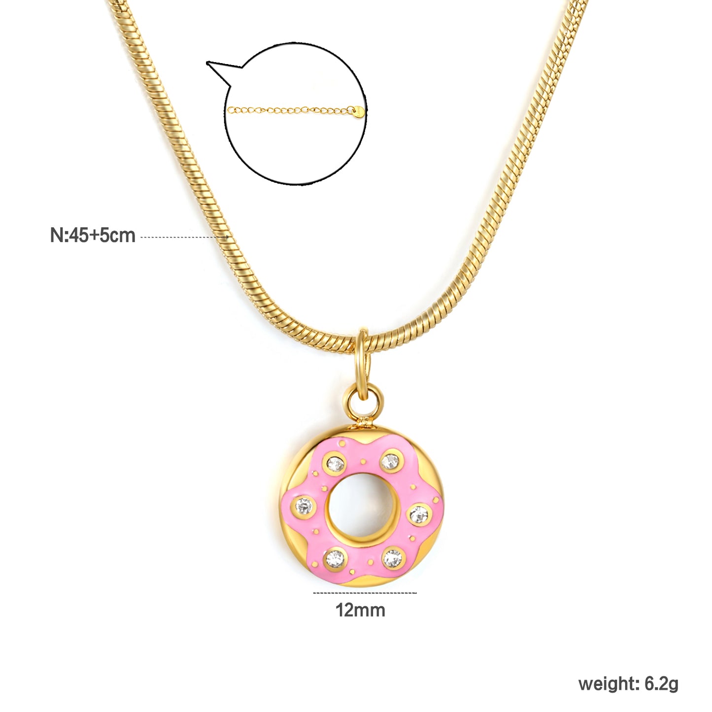 Wholesale Waterproof PVD Pink Enamel Donut Necklace with CZ