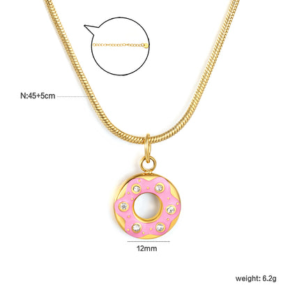 Wholesale Waterproof PVD Pink Enamel Donut Necklace with CZ