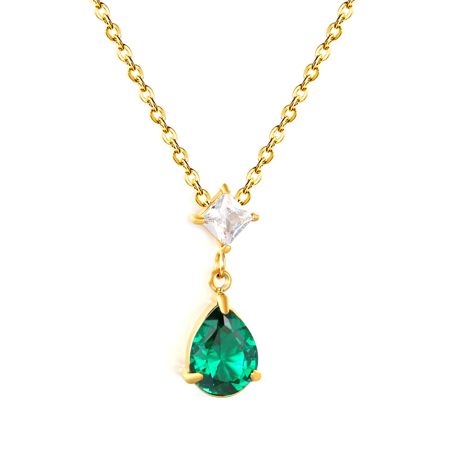 Wholesale Waterproof PVD Gold Plated Double Stone Teardrop Necklace