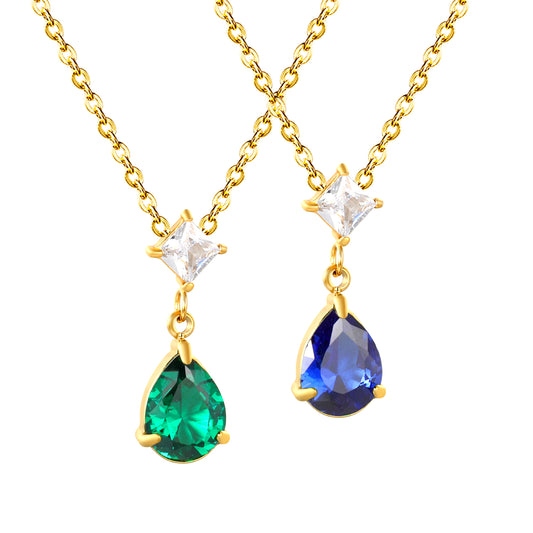 Wholesale Waterproof PVD Gold Plated Double Stone Teardrop Necklace