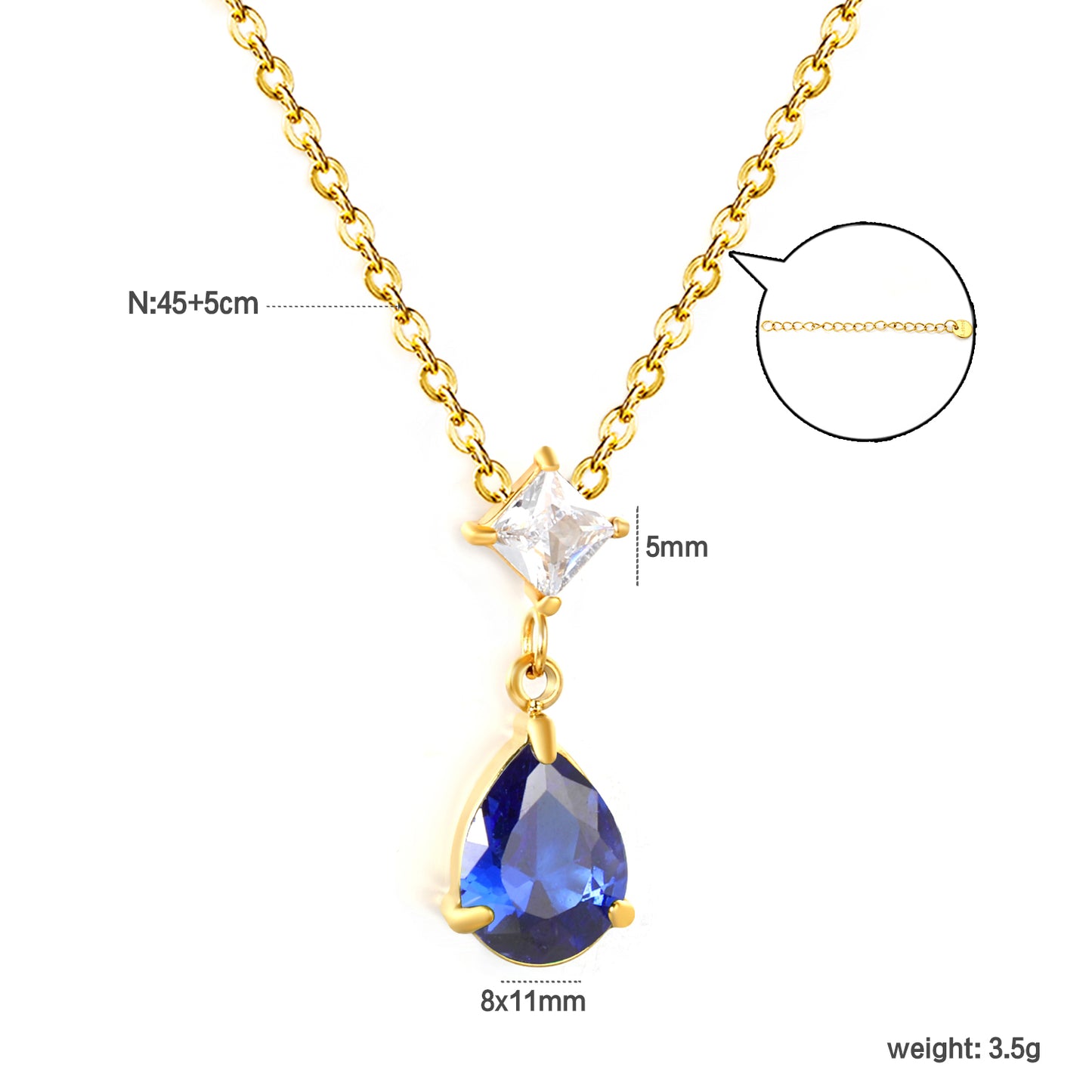 Wholesale Waterproof PVD Gold Plated Double Stone Teardrop Necklace