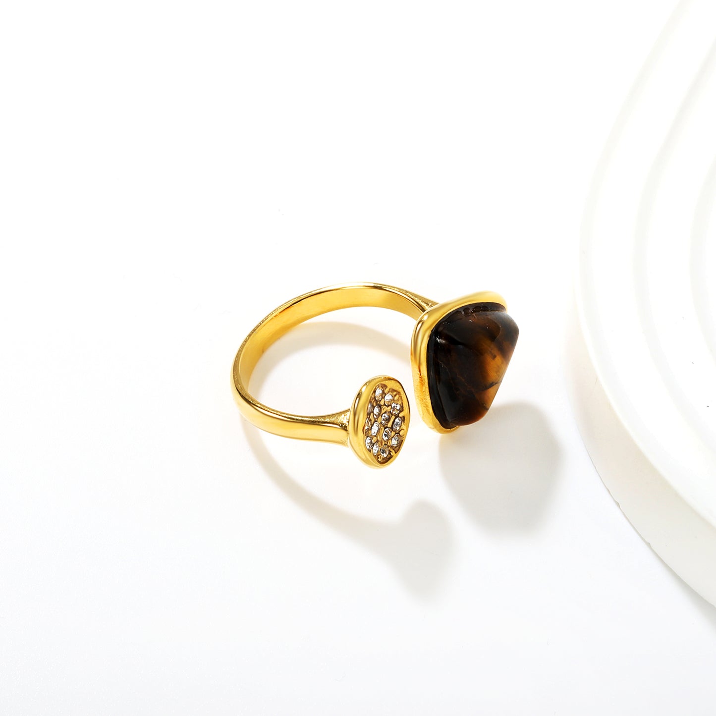 Wholesale Waterproof PVD Tiger Eye Stone & Pave CZ Open Ring